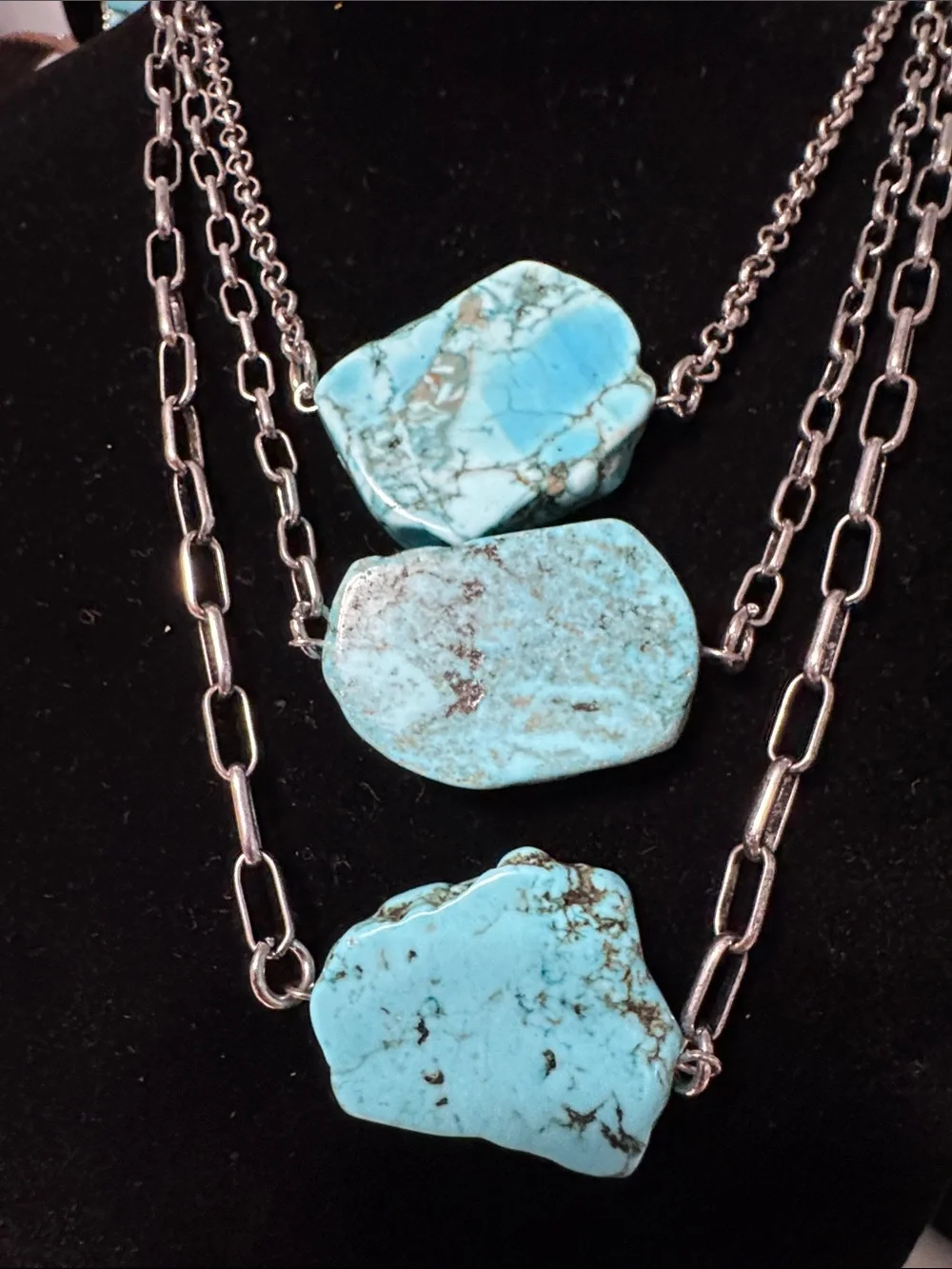 Triple-Layer Turquoise Stone Necklace Set with Matching Studs